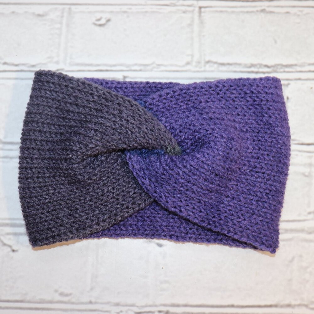 💜 Twisted Knit Headband – Purple & Gray · Handmade · One Size